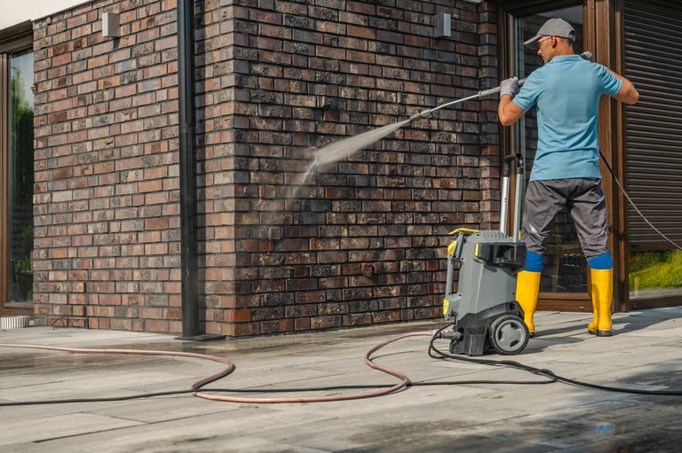 Technician pressure washing a house exterior